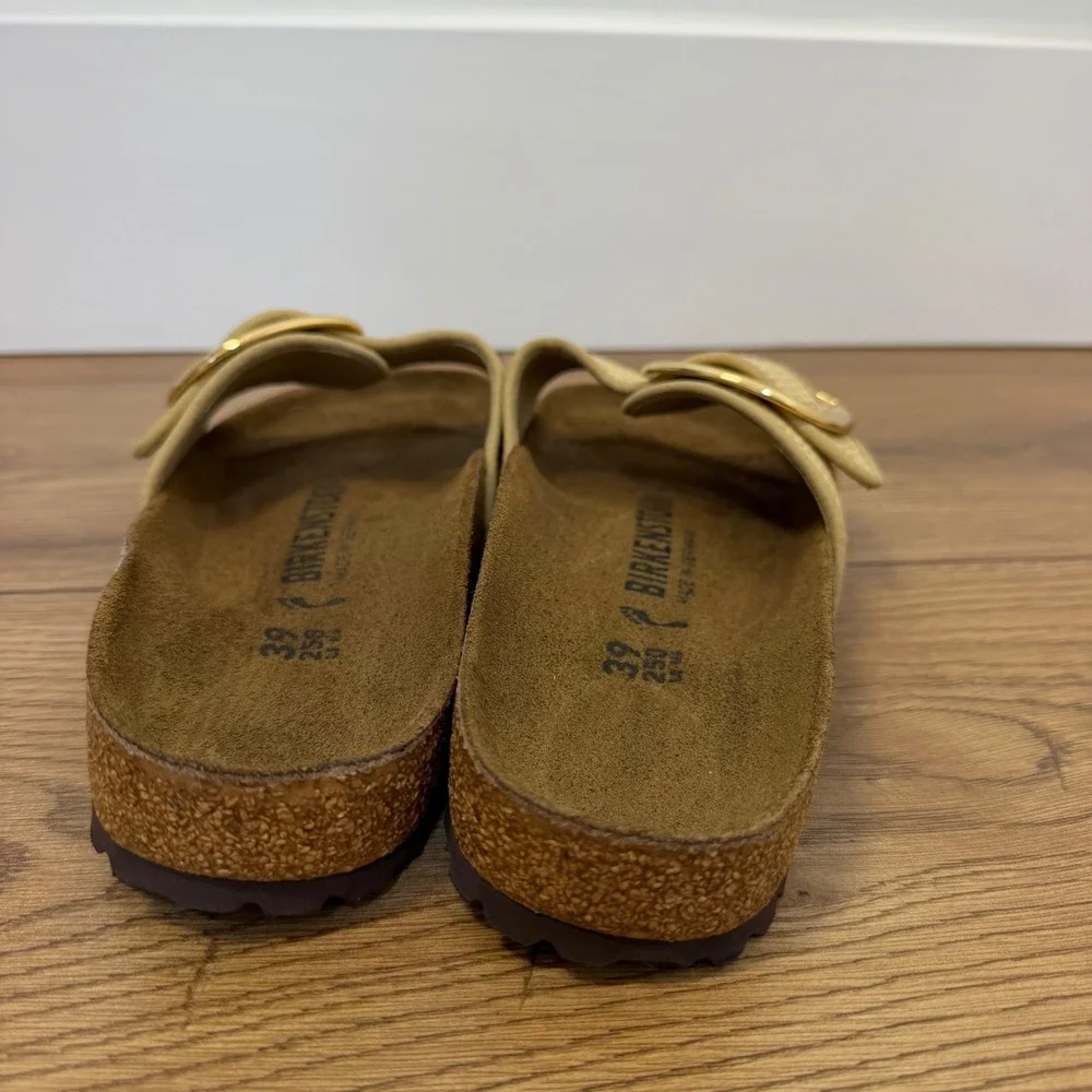 Birkenstock Madrid Big Buckle Raffia Slide 39 Beige Women Sandal Gold Buckle